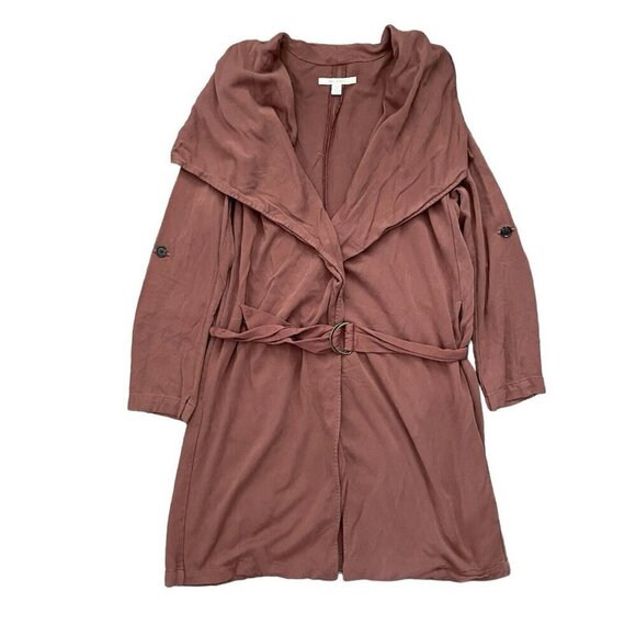 Mi Ami Lightweight Rayon Cardigan Jacket Sz L Brown Long Buckle Collar Lagenlook - Picture 1 of 12